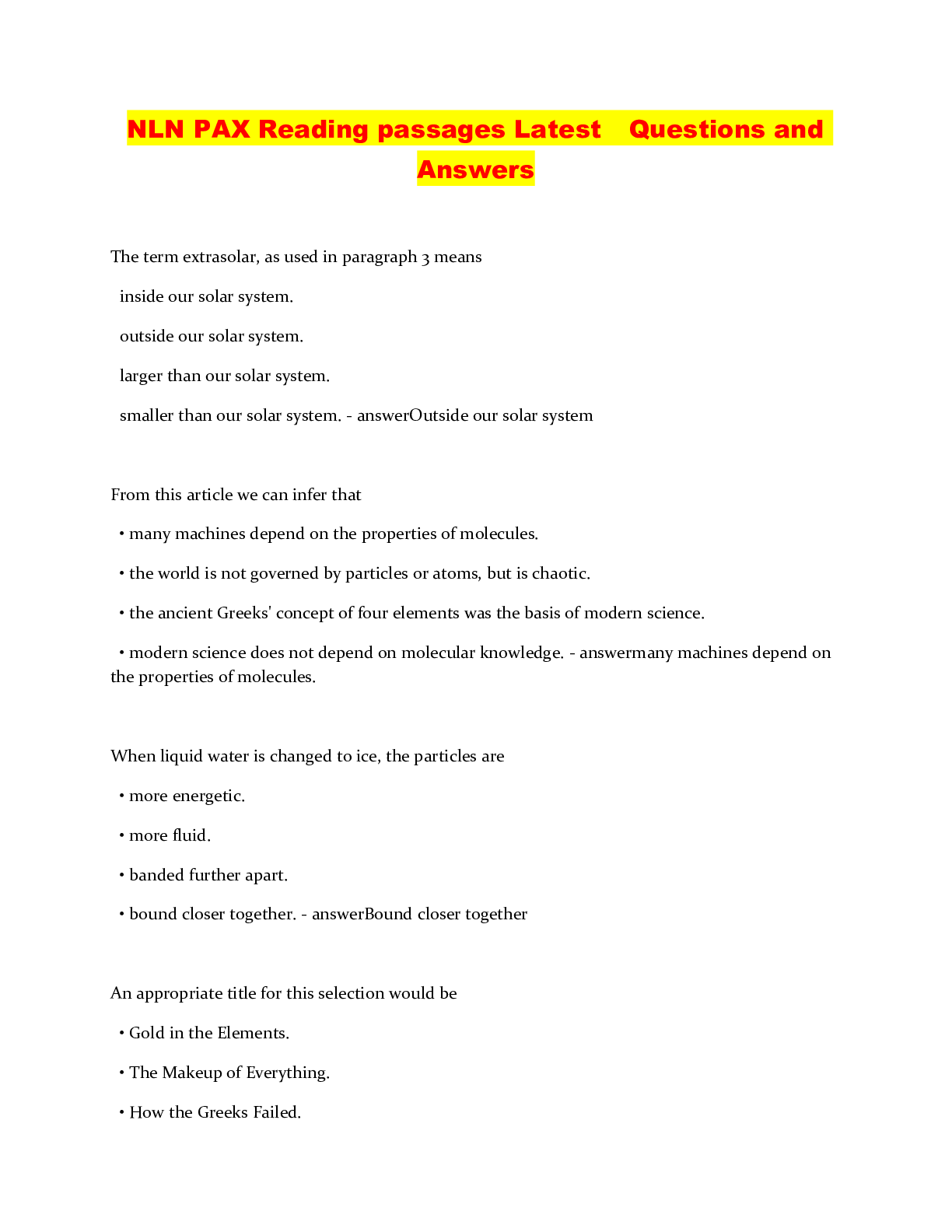 Preview of NLN PAX Reading passages Latest Questions and Answe